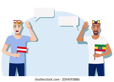 The concept of international communication, sports, education, business between Austria and Ethiopia. Men with Austrian and Ethiopian flags. Vector illustration.