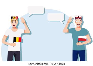 The concept of international communication, sports, education, business between Belgium and Poland. Men with Belgian and Polish flags. Vector illustration.