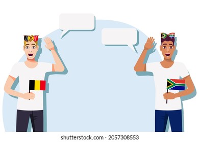 The concept of international communication, sports, education, business between Belgium and South Africa. Men with Belgian and South African flags. Vector illustration.
