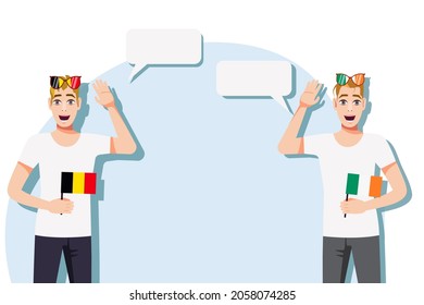 The concept of international communication, sports, education, business between Belgium and Ireland. Men with Belgian and Irish flags. Vector illustration.