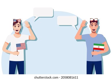 The concept of international communication, sports, education, business between Argentina and Iran. Men with Argentine and Iranian  flags. Vector illustration.