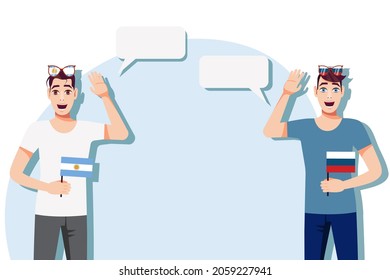 The concept of international communication, sports, education, business between Argentina and Russia. Men with Argentine and Russian flags. Vector illustration.