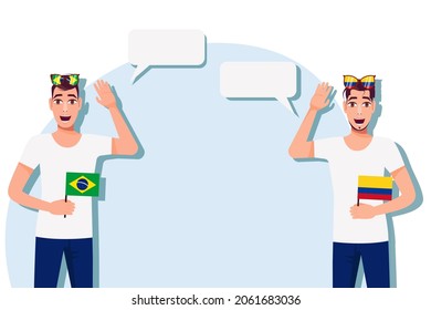 The concept of international communication, sports, education, business between Brazil and Colombia. Men with Brazilian and Colombian flags. Vector illustration.