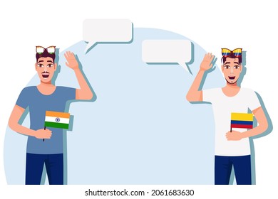 The concept of international communication, sports, education, business between India and Colombia. Men with Indian and Colombian flags. Vector illustration.