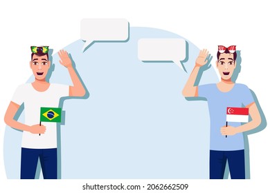 The concept of international communication, sports, education, business between Brazil and Singapore. Men with Brazilian and Singapore flags. Vector illustration.