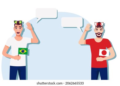 The concept of international communication, sports, education, business between Brazil and Japan. Men with Brazilian and Japanese flags. Vector illustration.