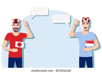 The concept of international communication, sports, education, business between Japan and Singapore. Men with Japanese and Singapore flags. Vector illustration.