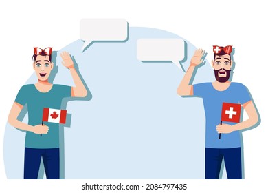 The concept of international communication, sports, education, business between Canada and Switzerland. Men with Canadian and Swiss flags. Vector illustration.