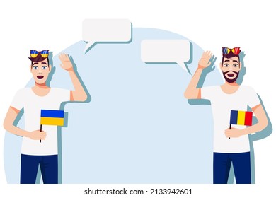The concept of international communication, sports, education, business between Ukraine and Romania. Men with Ukrainian and Romanian flags. Vector illustration.