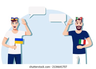 The concept of international communication, sports, education, business between Ukraine and Italy. Men with Ukrainian and Italian  flags. Vector illustration.
