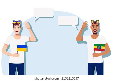 The concept of international communication, sports, education, business between Ukraine and Ethiopia. Men with Ukrainian and Ethiopian flags. Vector illustration.