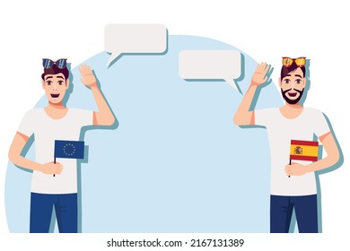 The concept of international communication, sports, education, business between the European Union and Spain. Men with European and Spanish flags. Vector illustration.