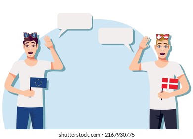 The concept of international communication, sports, education, business between the European Union and Denmark. Men with European and Danish flags. Vector illustration.