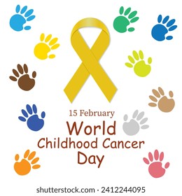 The concept of the International Day against Childhood Cancer with a yellow ribbon and children's palms. Vector illustration