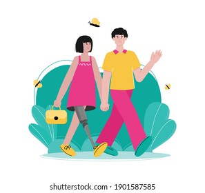 Concept for International Day of people with disability, flat cartoon vector illustration isolated on white background. Happy couple with one handicapped partner dating.