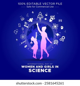 Concept for International day of women and girls in science. science innovation elements with Happy young woman and girl scientist.