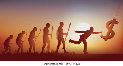 Concept of the international economy and the stock market money race, with a man symbolically trying to catch the dollar emblem.
