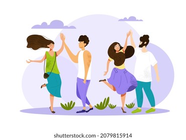 Concept Of International Friendship. Man And Girl Give Each Other High Five. Partnership Gestures, Joy Of Meeting Loved One, Couple, Family. Human Solidarity. Cartoon Flat Vector Illustration