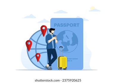 Concept of international migration, emigration, citizenship, passport, identity document. Couple moves to another country. People with luggage at the airport. Flat vector illustration on background.