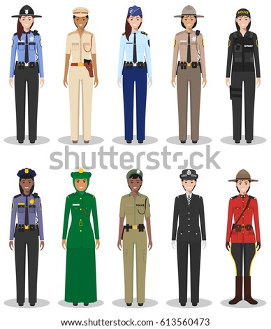 The concept of international police. Set of different detailed illustrations of sheriff, gendarme and policewoman in a flat style on a white background. Vector illustration