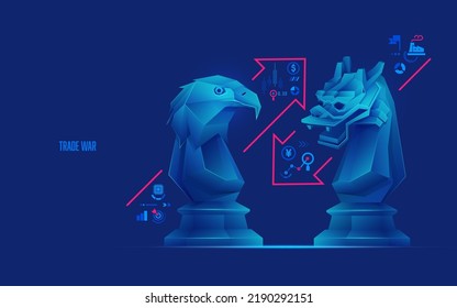 concepto de guerra comercial internacional, gráfico de piezas de ajedrez águila versus pieza de ajedrez dragón con iconos de negocios