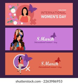 The concept of international women`s day. Banners with a girl and flowers on a pink background. Sale. Vector illustration