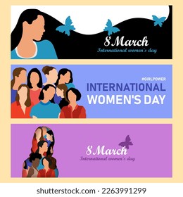 The concept of international women`s day. Banners with a girl and flowers on a pink background. Sale. Vector illustration