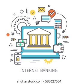 Concept of internet banking. Open notebook with symbol of Bank on the screen and icons in the style of line art. Flat design, vector illustration