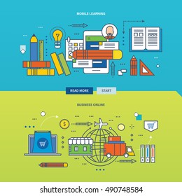 Concept of internet business and technology of mobile training. Buying online store and home delivery of goods. Color Line icons collection. Vector design for website, banner and mobile app.
