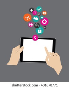 concept of internet communications on background, hand on touchscreen