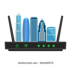 The concept of an Internet connection of a large city with skyscrapers. Wireless internet wi-fi with a house. flat vector illustration isolated on white background
