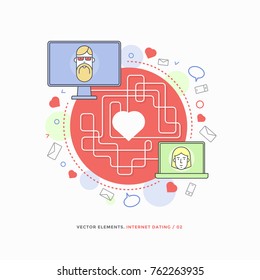 Concept of internet dating, online communication. Man and woman who have found love through dating site. Vector infographic illustration.