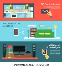 Concept of internet globalization. Technology wireless control on kitchen, control light room, control home gadgets, coverage space signal illustration