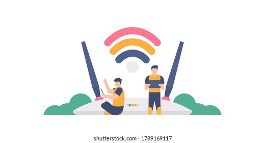 concept of Internet network services, wireless or wifi. illustration of two people in front of an access point or antenna. flat design. can be used for elements, landing pages, UI, websites.