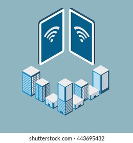 Concept of internet network. Smart city. Illustration of  communication with buildings and mobile phone. Isometric. 