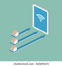 Concept of internet network. Smart city. Illustration of communication with houses, arrows and mobile phone. Isometric. 