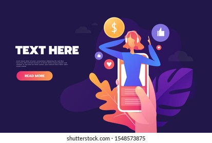 Concept of internet online music streaming listening, people relax listen. Music applications, playlist online songs. Music blog, vector Illustration.