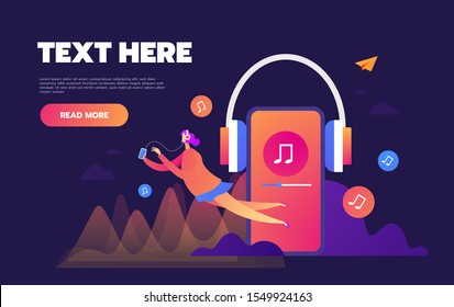 Concept of internet online music streaming listening, people relax listen. Music applications, playlist online songs. Music blog, vector Illustration.