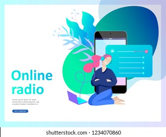 Concept of internet online radio streaming listening, people relax listen dance. Music applications, playlist online songs, radio station. Music blog, sound recording studio. Landing page template.