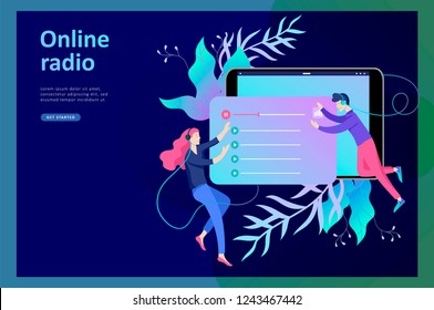 Concept of internet online radio streaming listening, people relax listen dance. Music applications, playlist online songs, radio station. Music blog, sound recording studio. Landing page template.