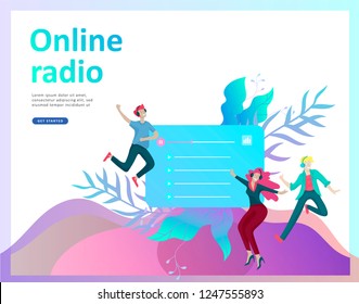 Concept of internet online radio streaming listening, people relax listen dance. Music applications, playlist online songs, radio station. Music blog, sound recording studio. Landing page template.