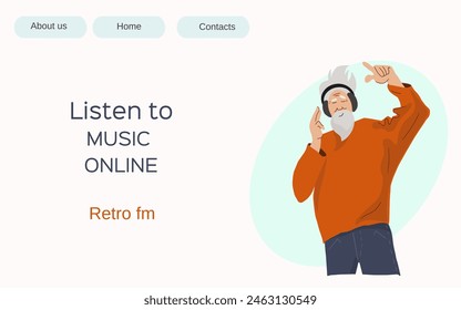 Concept of internet online retro music streaming. Happy senior man listening to music in headphones, enjoing, dancing. Online radio broadcast. Vector website template design. Vector illustration