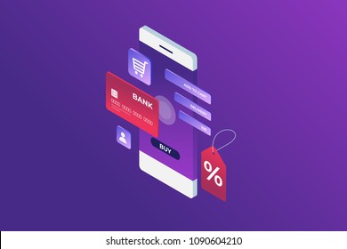 Concept of Internet payment, mobile purchase. Online shopping. Isometric image of phone, Bank card and discount label on blue background. 3d flat design. Vector illustration.