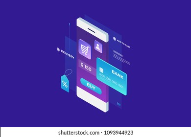Concept of Internet payment, mobile purchase. Online shopping. Isometric image of phone, Bank card and discount label on blue background. 3d flat design. Vector illustration.