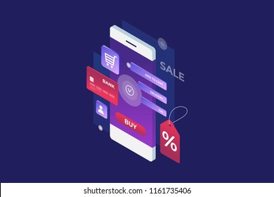 Concept of Internet payment, mobile purchase. Online shopping. Isometric image of phone, Bank card and discount label on blue background. 3d flat design. Vector illustration.