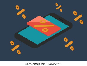 Concept of Internet payment, mobile purchase. Online shopping. Sale banner. Isometric image of phone, Bank card and discount sale percent sign. Vector illustration.         