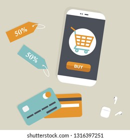 Concept of Internet payment, mobile purchase. Online shopping. Sale banner. Isometric image of phone, Bank card and discount sale percent sign. Vector illustration.