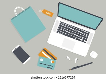 Concept of Internet payment, mobile purchase. Online shopping. Sale banner. 
Isometric image of phone, Bank card and discount sale percent sign. Vector illustration.