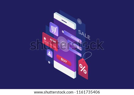 Concept of Internet payment, mobile purchase. Online shopping. Isometric image of phone, Bank card and discount label on blue background. 3d flat design. Vector illustration.