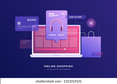 Concept of Internet payments, mobile purchases. Online shopping. Image of laptop with payment plan, bank card and package on blue background. Vector illustration.